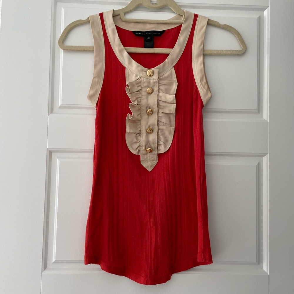 Marc By Marc Jacobs Deep Orange and Cream Ruffle Sleeveless Top Size: XSmall